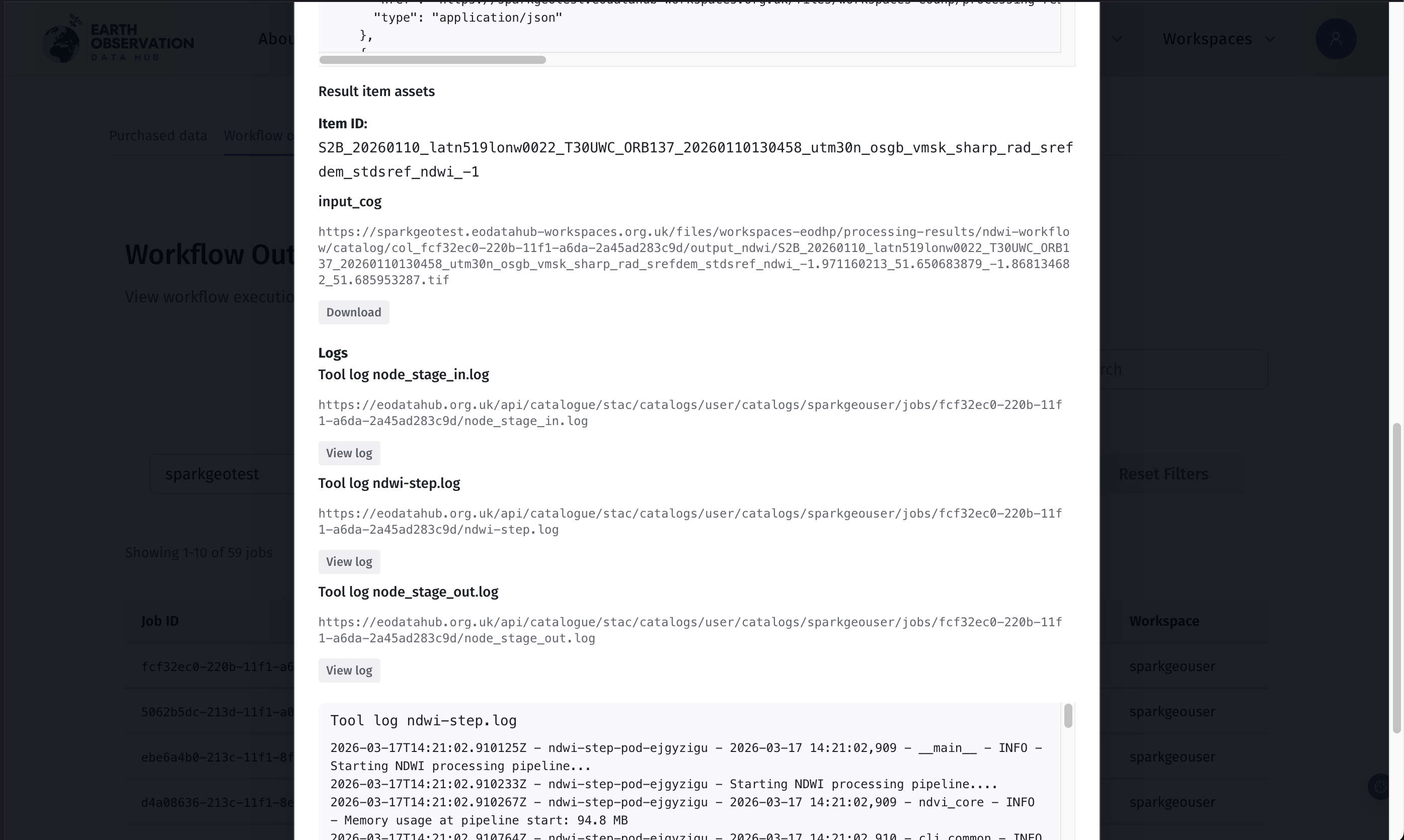 Additional job details and logs